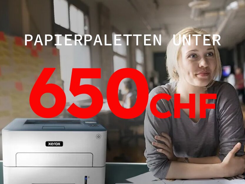 Büroszene mit Drucker und Mitarbeiterin. Werbegrafik für Kopierpapier mit dem Hinweis „Papierpaletten unter 650 CHF“.