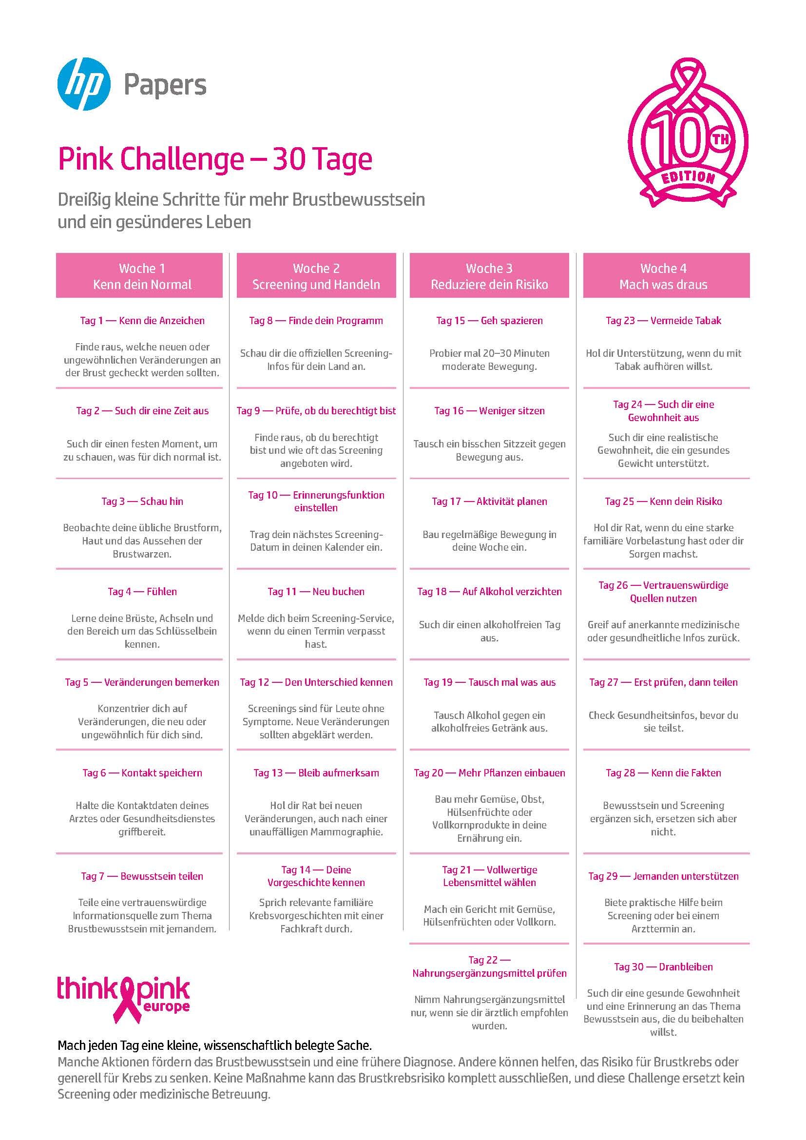 30-Tage-Challenge von HP Papers und Think Pink Europe mit täglichen kleinen Aufgaben und Hinweisen für mehr Brustbewusstsein, einen gesünderen Lebensstil und die Unterstützung anderer.