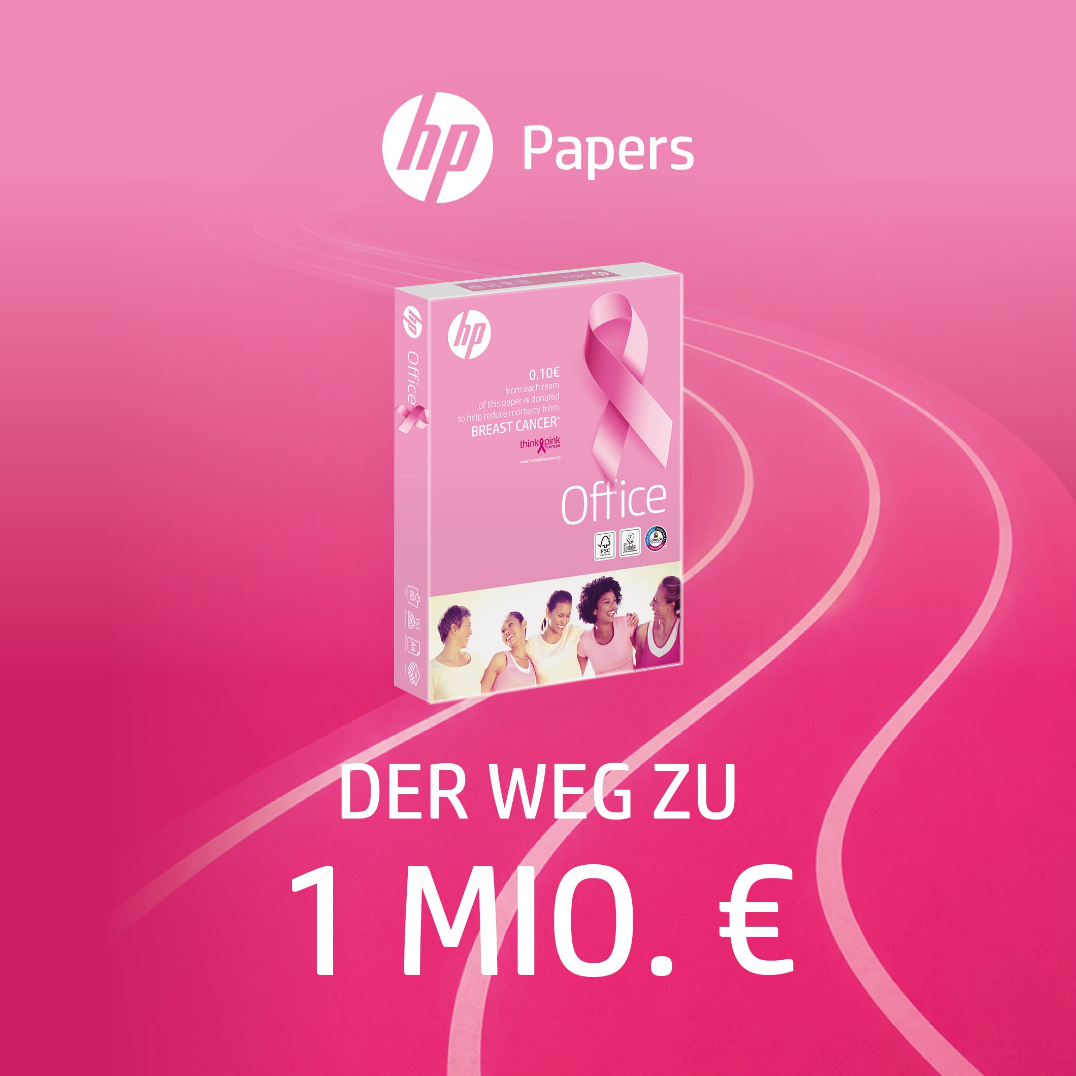 Packung HP Office Pink Ream auf stilisierter pinker Laufbahn mit dem Text: "Der Weg zu 1 Mio. €"