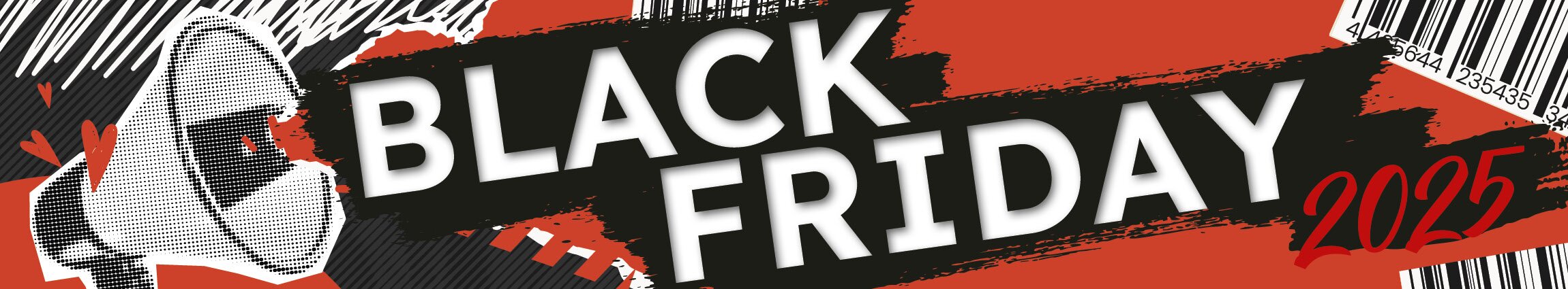 Werbebanner mit rotem Hintergrund, einem Megafon und dem Schriftzug „Black Friday 2025“ sowie mehreren Barcodes.
