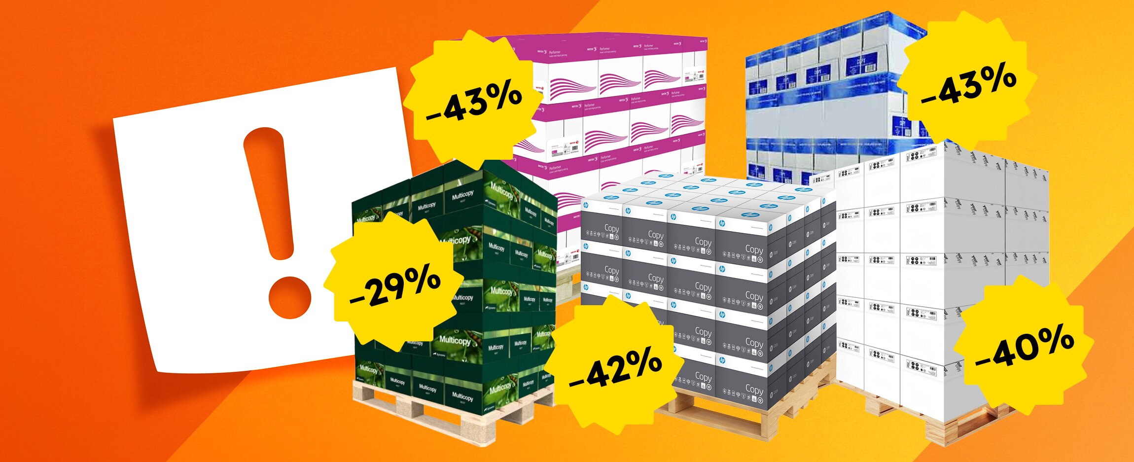Mehrere Paletten mit Kopierpapier verschiedener Marken auf orangefarbenem Hintergrund, dazu gelbe Rabatt-Störer mit -29 %, -40 %, -42 % und -43 %.