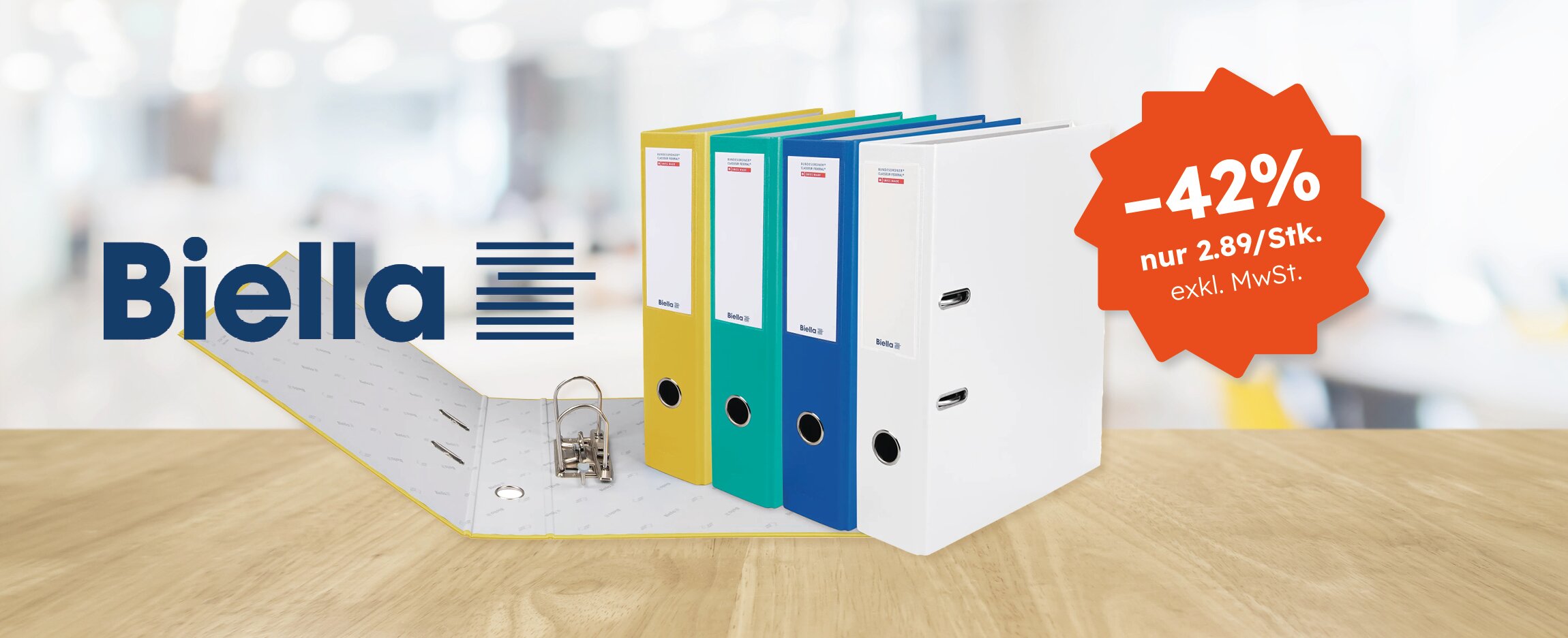 Biella Aktion: Ordner & Ablageprodukte für den Registraturwechsel – bis zu -42%, nur 2.89/Stk. (exkl. MwSt.).