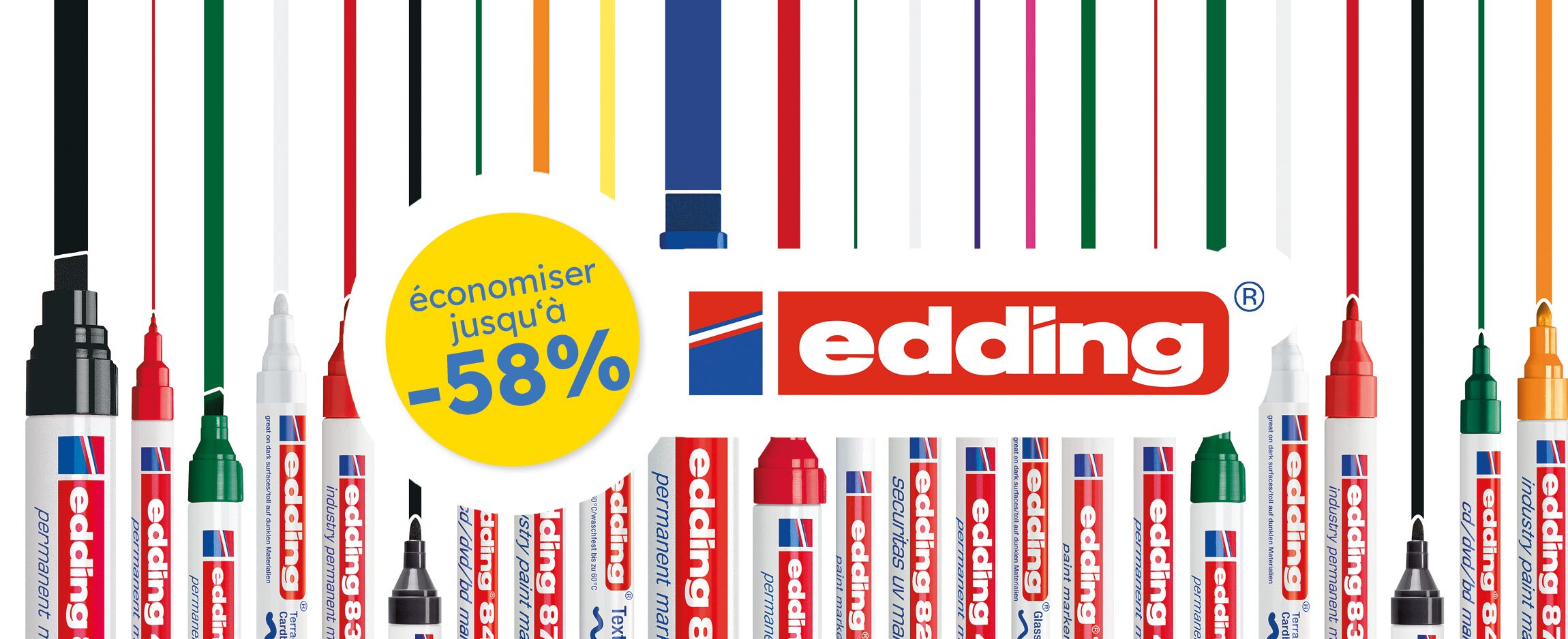 Photo du produit : de nombreux feutres Edding, chacun traçant un trait, posés sur un fond blanc. 