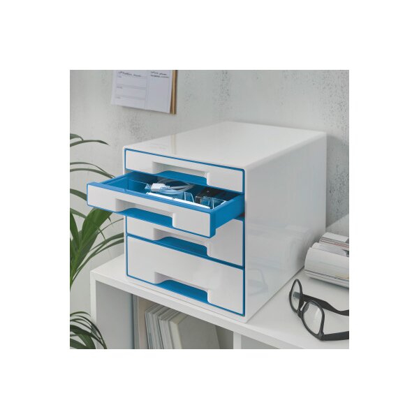 LEITZ Set tiroirs WOW Cube A4 52132036 blanc/bleu, 4 tiroirs