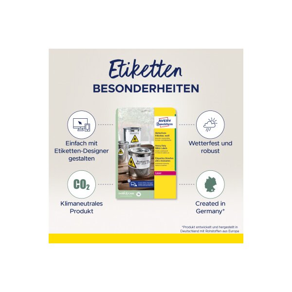 AVERY ZWECKFORM Etiquettes resist. 210x297mm L4775-8 blanc 8 feuilles/8 pcs.