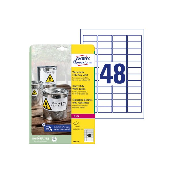 AVERY ZWECKFORM Etiketten Laser 45,7x21,2mm L47788 weiss, wetterfest 8 Blatt