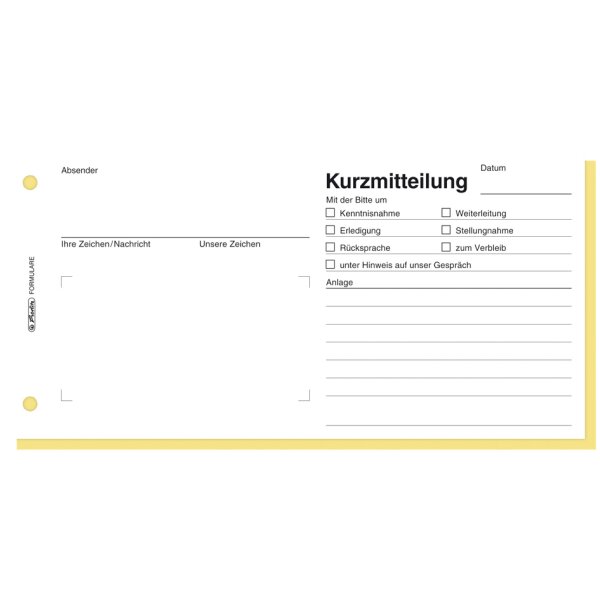 herlitz Formularbuch Kurzmitteilung, 1/3 A4 quer
