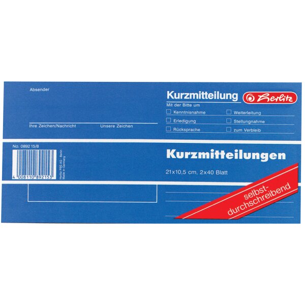 herlitz Formularbuch Kurzmitteilung, 1/3 A4 quer
