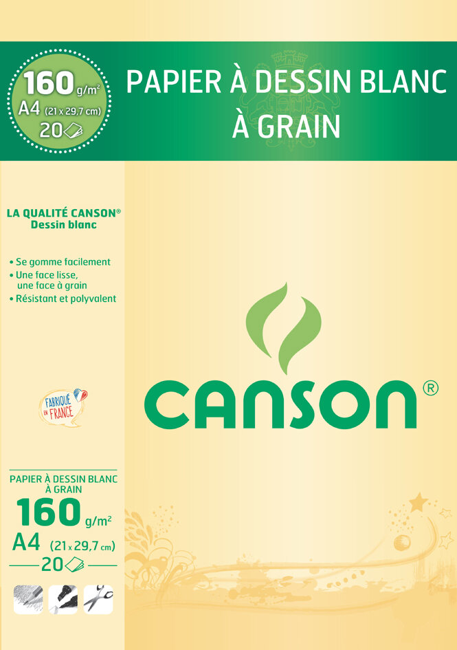 Canson Canson 1557 204127408 Papier à dessin Grain Léger Blanc Pur 21 x 29,7 cm A4 