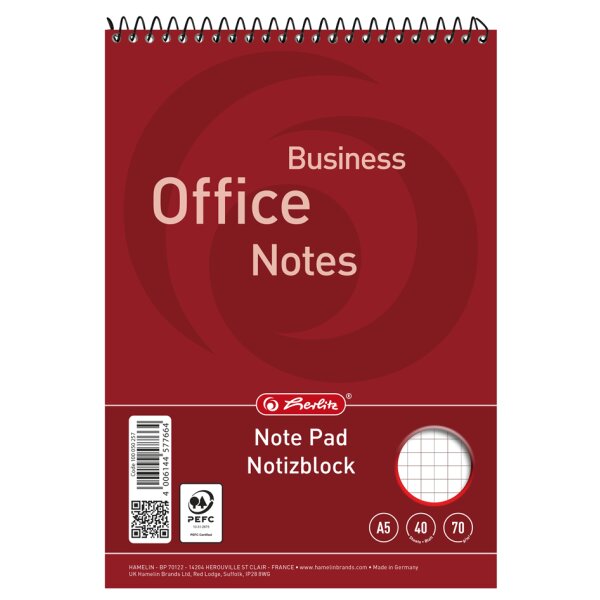 herlitz Bloc-notes &agrave; spirale, A5, 40 feuilles, quadrill&eacute;
