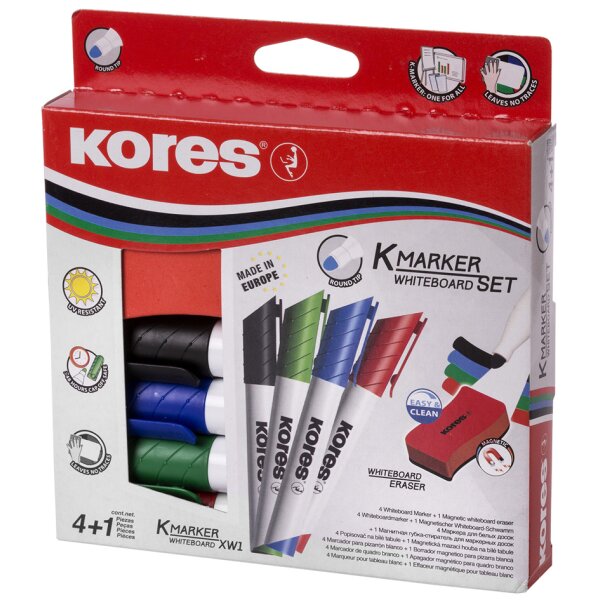 Kores kit de marqueurs pour tableau blanc, 4 marqueurs +