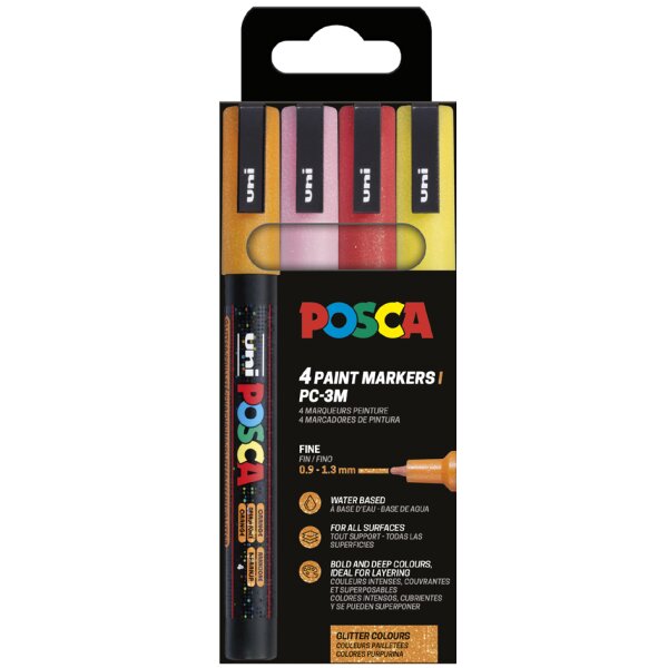 POSCA Marqueur &agrave; pigment PC-3ML paillet&eacute;, &eacute;tui de 4, assorti