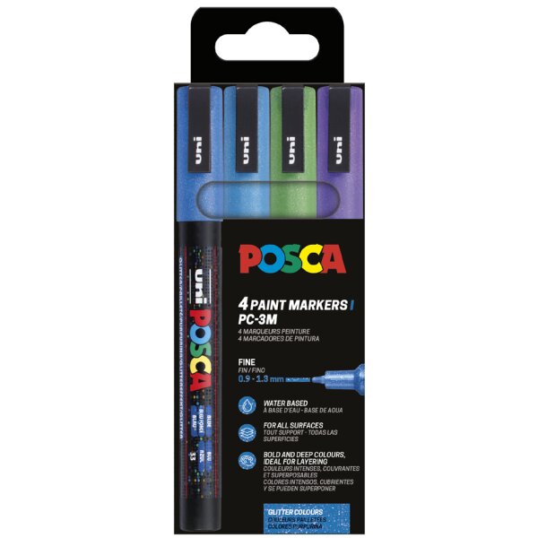 POSCA Marqueur &agrave; pigment PC-3ML paillet&eacute;, &eacute;tui de 4, assorti