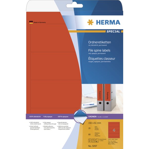 HERMA Ordnerrücken-Etiketten SPECIAL, 192,0 x 61,0 mm, rot
