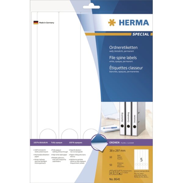 HERMA Etiquette dos de classeur SPECIAL, 297 x 38 mm, blanc