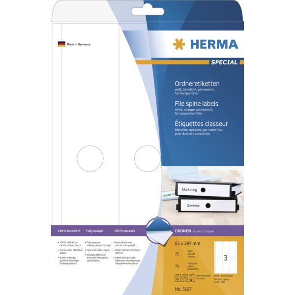 HERMA Ordnerrücken-Etiketten SPECIAL, 63 x 297 mm, weiss