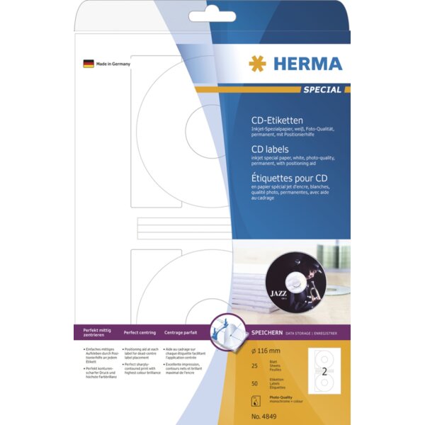 HERMA Etiquette CD/DVD Inkjet SPECIAL Maxi, diam&egrave;tre: 116 mm