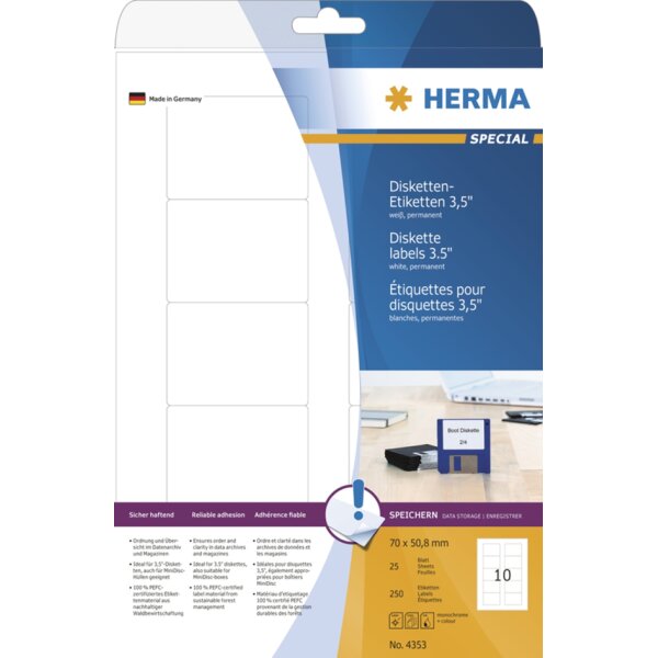 HERMA Disketten-Etiketten 3,5" SPECIAL, 70 x 50,8 mm, weiss