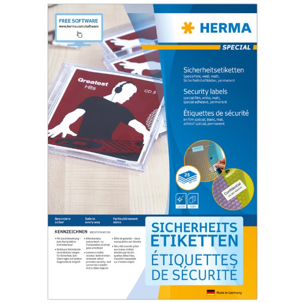 HERMA &Eacute;tiquette de s&eacute;curit&eacute; SPECIAL, diam&egrave;tre: 40 mm, blanc