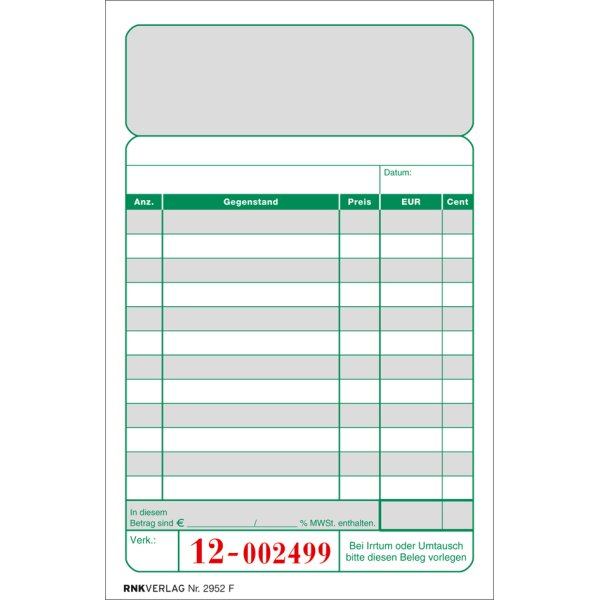 RNK Verlag Kassenblock, 96 x 167 mm, 2 x 50 Blatt