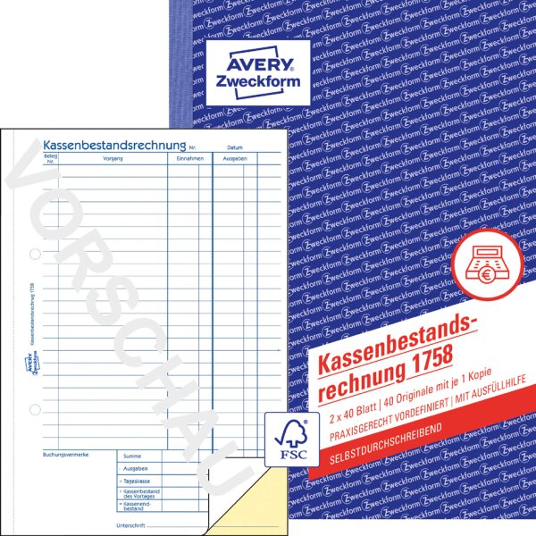 AVERY Zweckform Formularbuch "Kassenbuch", SD, A4