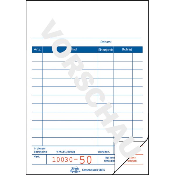 AVERY Zweckform Formularbuch Kassenblock, 2 x 50 Blatt