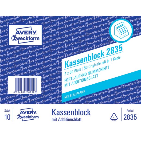 AVERY Zweckform Formularbuch Kassenblock, 2 x 50 Blatt