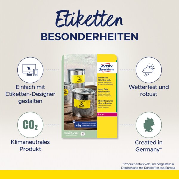 AVERY Zweckform Folien-Etiketten, 99,1 x 42,3 mm, gelb