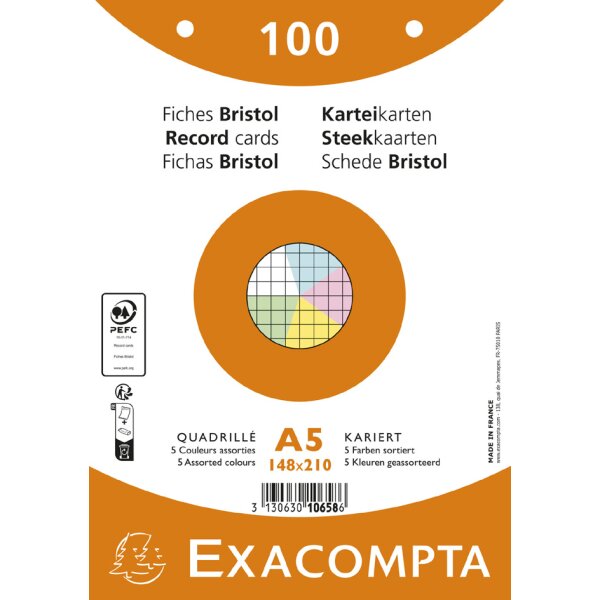 EXACOMPTA Fiches bristol, A5, quadrill&eacute;, assorti