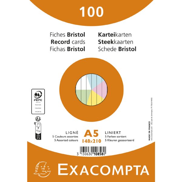 EXACOMPTA Fiches bristol, A5, ligné, bleu azur