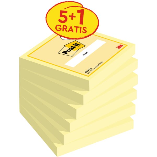 Post-it Bloc-note adhésif, 76 x 76 mm, jaune, 5+1 gratuit