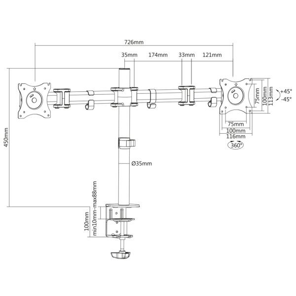 DIGITUS Support double écran universel, fixation par serrage