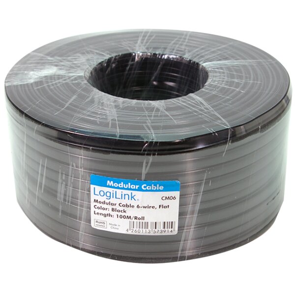 LogiLink Câble téléphonique, 100 m, 6 fils, plat, noir