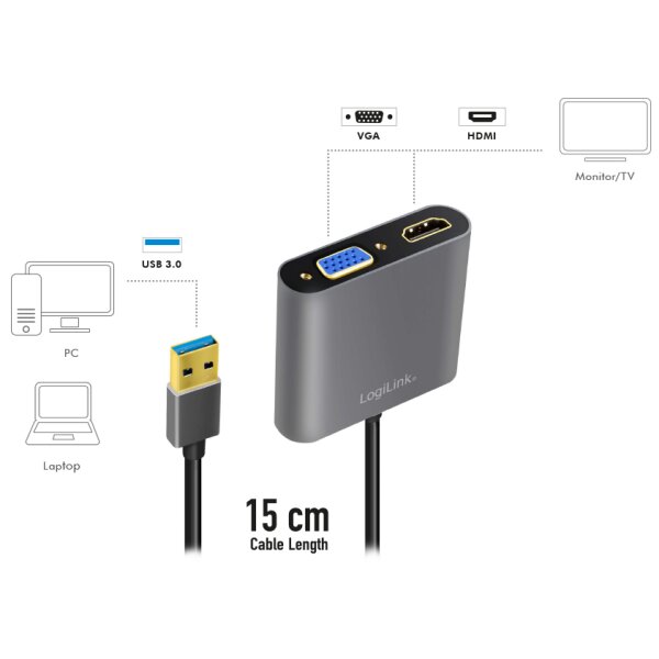 LogiLink Carte graphique USB 3.0 - HDMI/VGA, noir