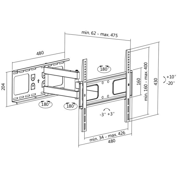 LogiLink Support mural pour TV Full Motion, 81,28 - 139,7 cm