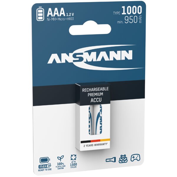 ANSMANN NiMH Akku Premium, Micro AAA, 1.000 mAh, 2er Blister