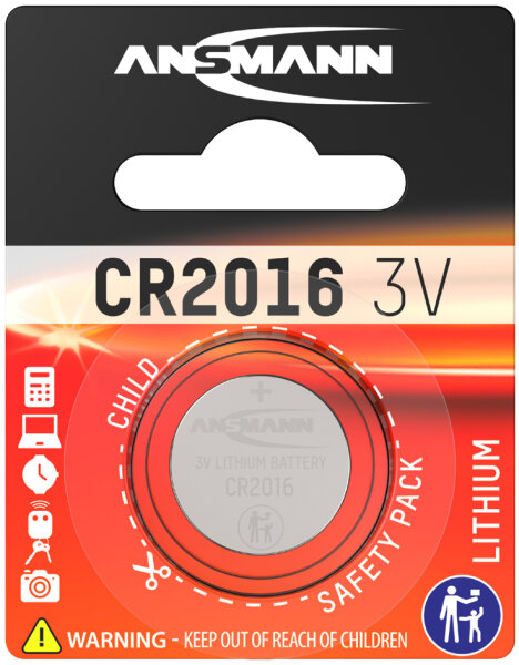 ANSMANN Lithium Knopfzelle "CR2016", 3,0 Volt, 1er-Blister