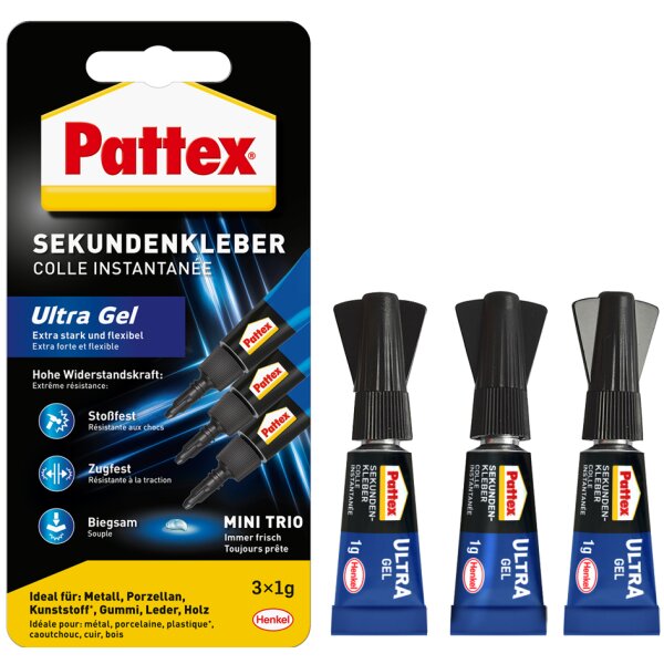 Pattex Sekundenkleber Ultra Gel MINI TRIO, 3 Tuben à 1 g