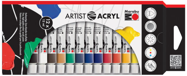 Marabu Set de peinture acrylique Artist Acryl, 12 x 12 ml
