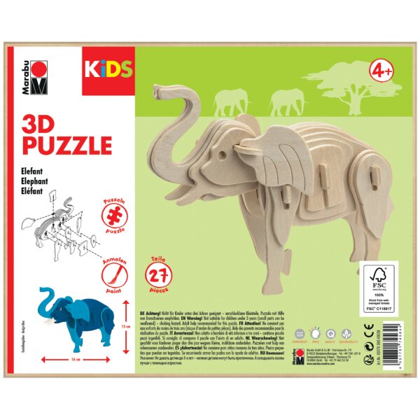 Marabu KiDS Puzzle 3D El&eacute;phant, 27 pi&egrave;ces