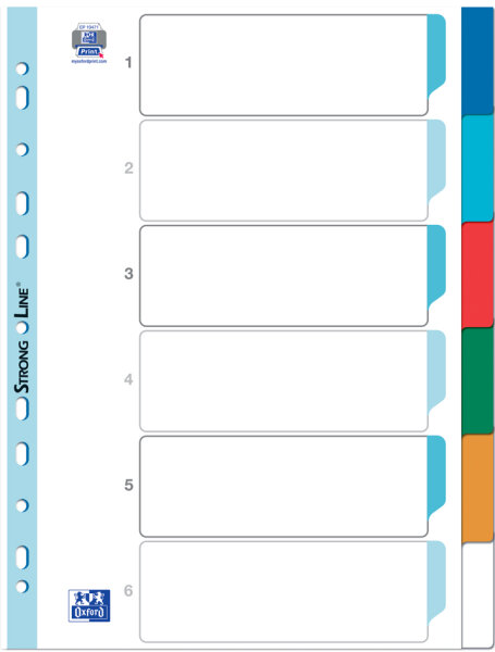 Oxford Kunststoff-Register, blanko, farbig, DIN A4, 6-teilig