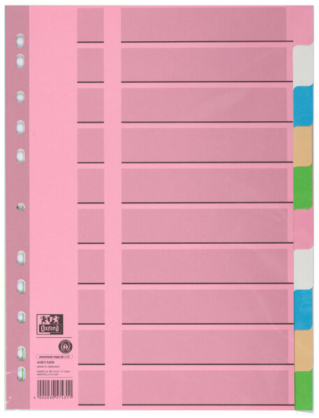 Oxford Intercalaires en carton, uni, A4, couleur, 10 touches