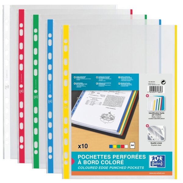 Oxford Pochettes perforées A4 avec bande colorée, PP, 0,09 m