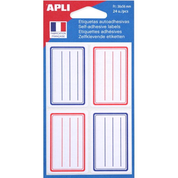 APLI Etiquettes pour livre, blanc/bleu, 36 x 56 mm, lign&eacute;es