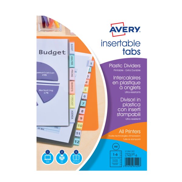 AVERY Intercalaires &agrave; onglets, 6 touches, PP, transparent