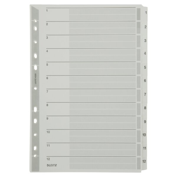 LEITZ Mylarkarton-Register, Zahlen, A4, 1-12, 12-teilig,grau