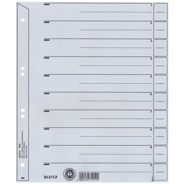 LEITZ Trennbl&auml;tter, A4, Kraftkarton 200 g qm, grau