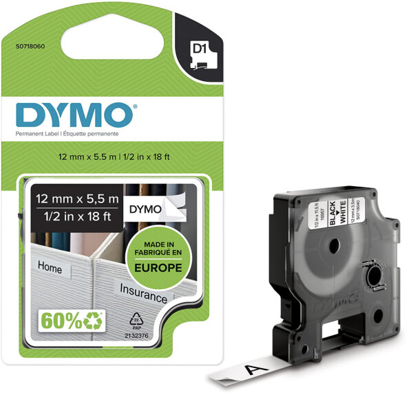 DYMO D1 Schriftbandkassette schwarz weiss, 12 mm x 5,5 m