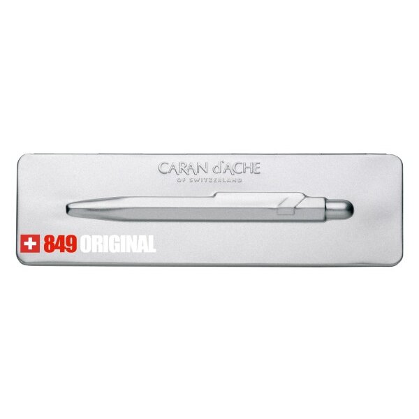 CARAN DACHE Stylo &agrave; bille 849 Original 849.069 aluminium, avec boite m&eacute;tal