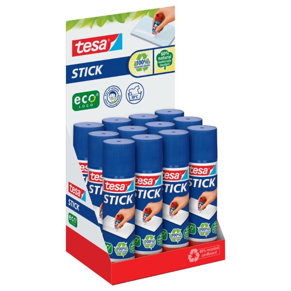tesa ecoLogo Stick B&acirc;ton de colle, 20 g, pr&eacute;sentoir comptoir